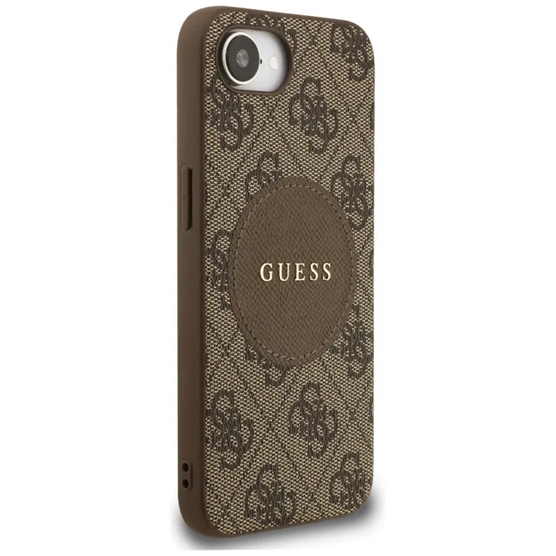 Guess 4G Circle Classic Logo MagSafe dėklas, skirtas iPhone 16e (ruda)