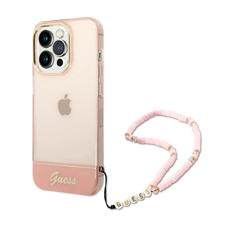 Guess Translucent Pearl Strap – dėklas iPhone 14 Pro (rožinis)