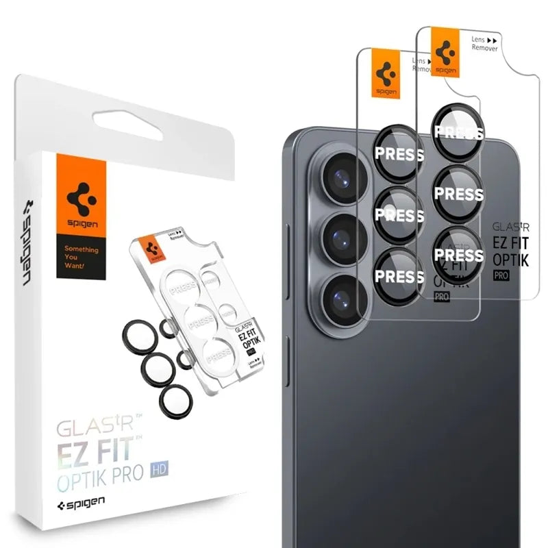 Spigen Optik Pro HD GLAS.tR EZ Fit kameros apsauga 2 vnt. pakuotė - stiklinė lęšių apsauga skirta Samsung Galaxy S26+ (2 vnt.) (Juoda)