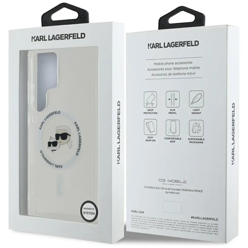 Karl Lagerfeld Button Karl & Choupette Heads Printed Logo MagSafe – dėklas Samsung Galaxy S25 Ultra (baltas)