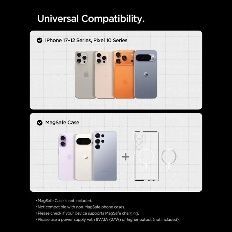 Spigen EV15MAQ Essential – MagSafe 15W Qi2 automobilinis laikiklis į ventiliacijos groteles (juodas)