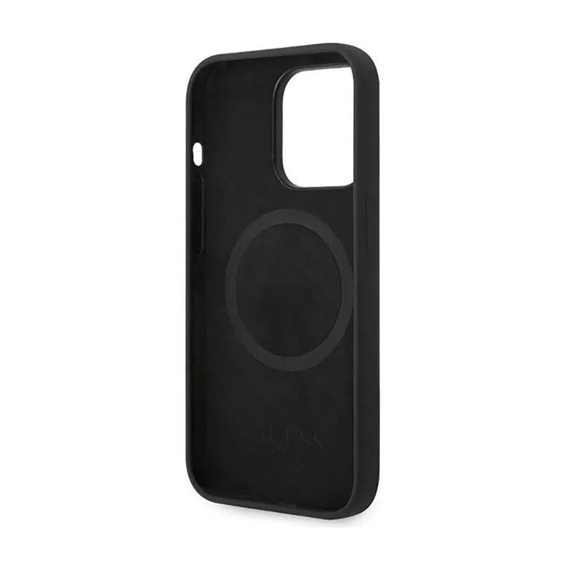 Guess Silicone Logo Plate MagSafe - Dėklas, skirtas iPhone 14 Pro (juodas)
