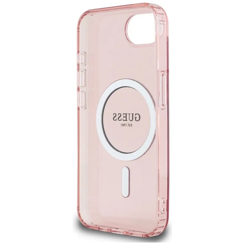 Guess IML Glitter Circle MagSafe – dėklas iPhone 16e (rožinis)