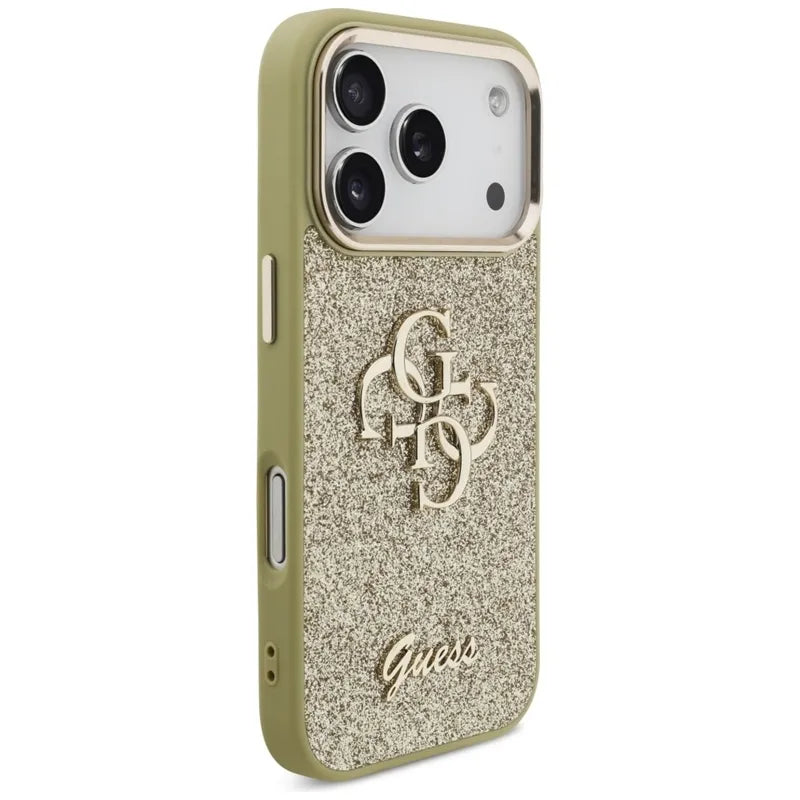 Guess Fixed Glitter Big 4G Metal Frame – Dėklas iPhone 17 Pro (auksinis)