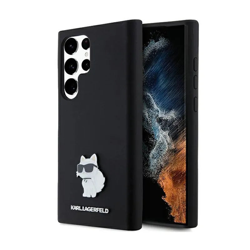 Karl Lagerfeld Silicone Choupette Metal Pin – dėklas Samsung Galaxy S24 Ultra (juodas)