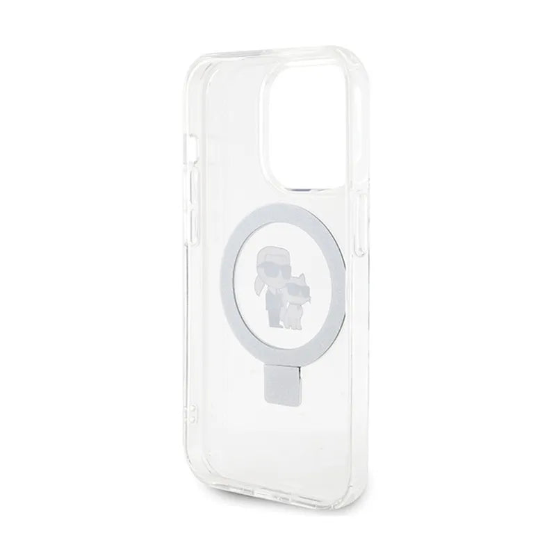 Karl Lagerfeld Ring Stand Karl & Choupette MagSafe dėklas iPhone 14 Pro (baltas)