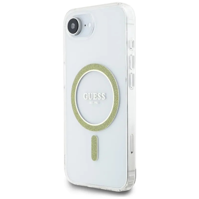 Guess IML Glitter Circle MagSafe – dėklas, skirtas iPhone 16e (skaidrus)