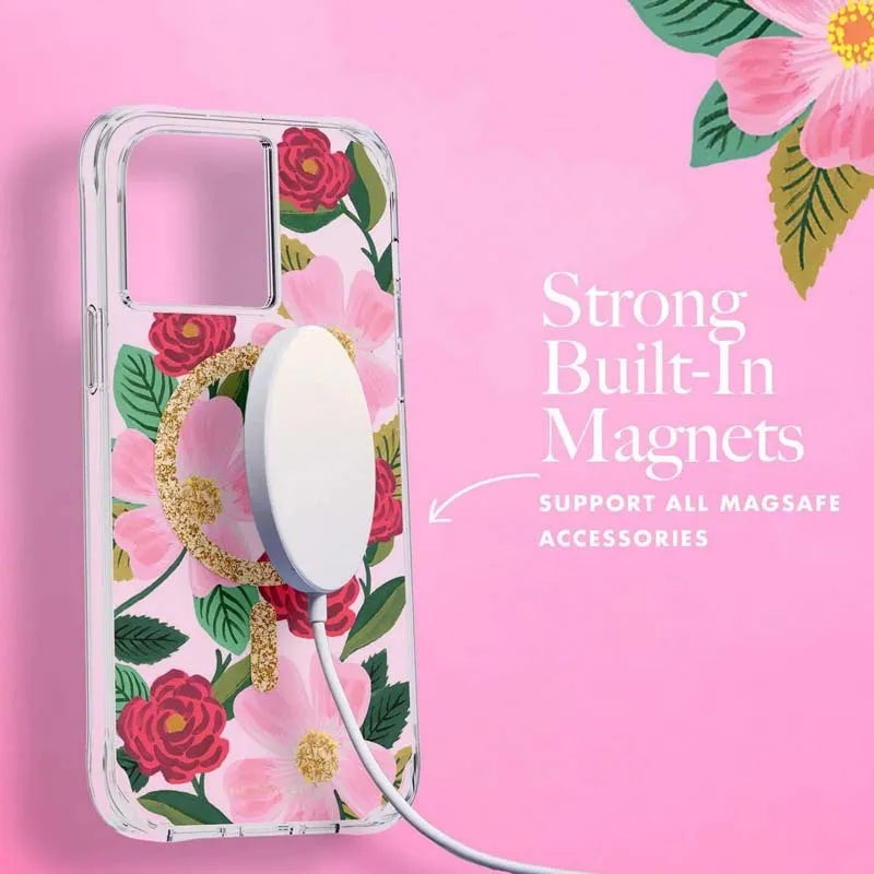 Rifle Paper Clear MagSafe – auksu dekoruotas dėklas, skirtas iPhone 14 Plus (Rose Garden)