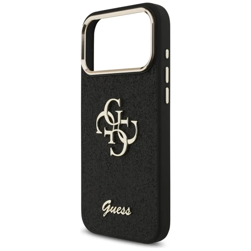 „Guess Fixed Glitter Big 4G Metal Frame“ – dėklas „iPhone 17 Pro Max“ (juodas)