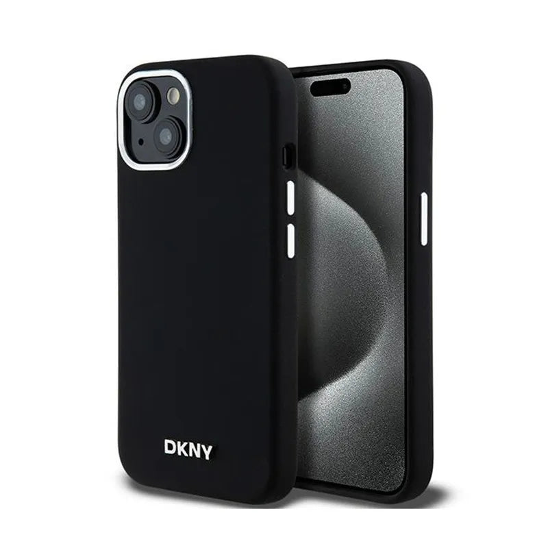 DKNY Liquid Silicone Small Metal Logo MagSafe – dėklas iPhone 15 / 14 / 13 (juodas)