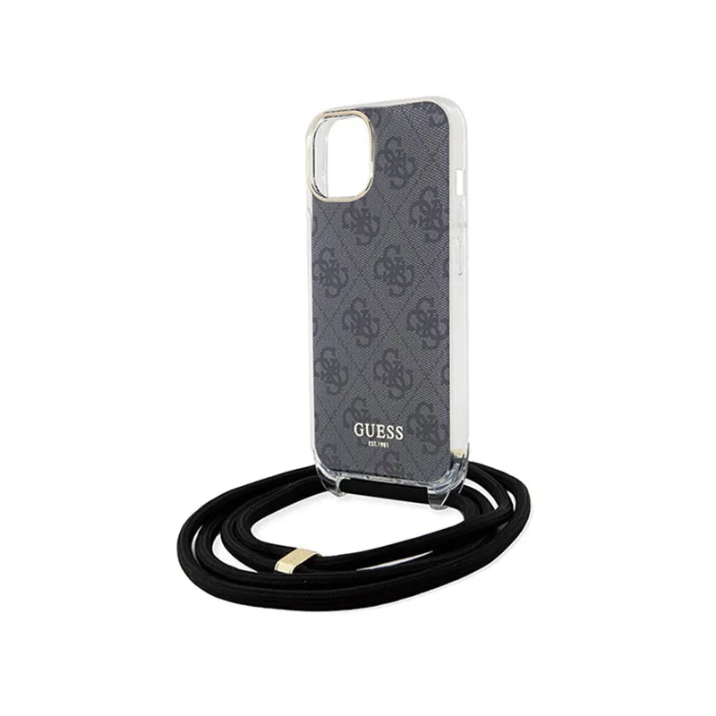 Guess Crossbody Cord 4G Print - dėklas iPhone 15 telefonui (juodas)
