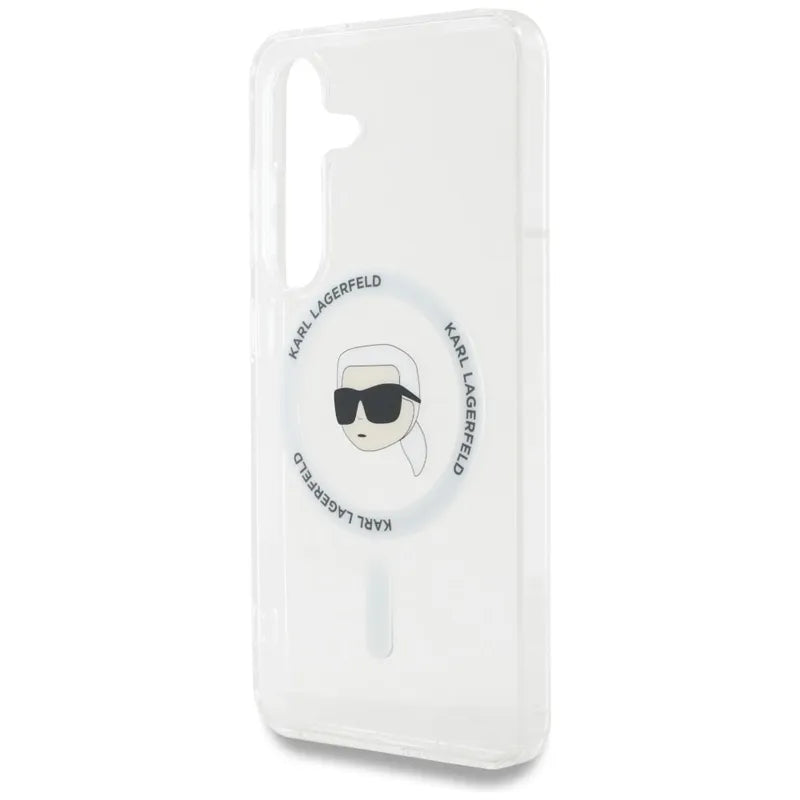 Karl Lagerfeld Button Karl Head Printed Logo MagSafe – dėklas Samsung Galaxy S25 (baltas)
