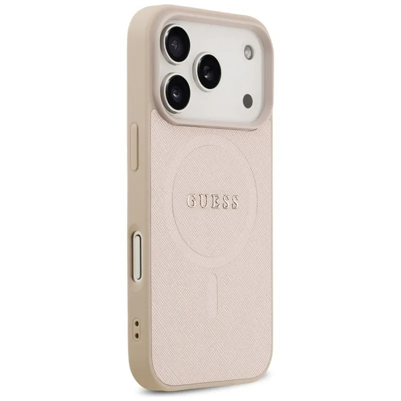 „Guess Saffiano Classic Logo MagSafe“ – dėklas „iPhone 17 Pro“ (rožinis)