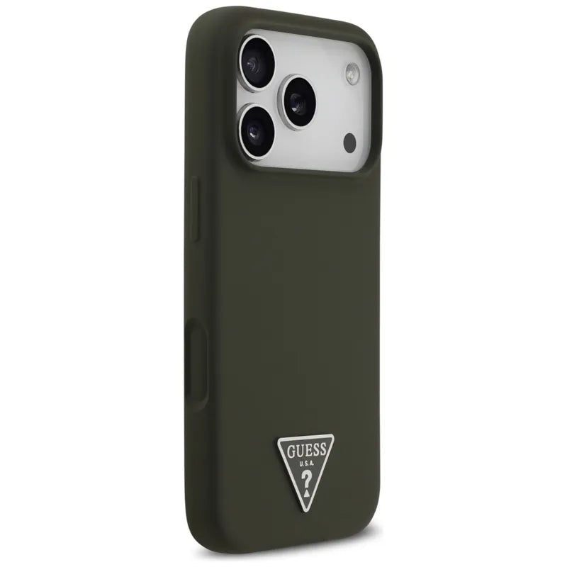 Guess Silicone Triangle Logo MagSafe dėklas iPhone 17 Pro (chaki spalvos)