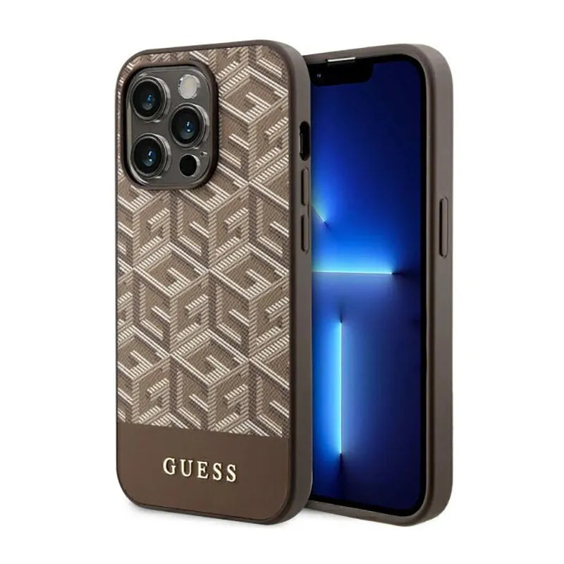 Guess GCube Stripes MagSafe – dėklas iPhone 14 Pro Max (rudas)