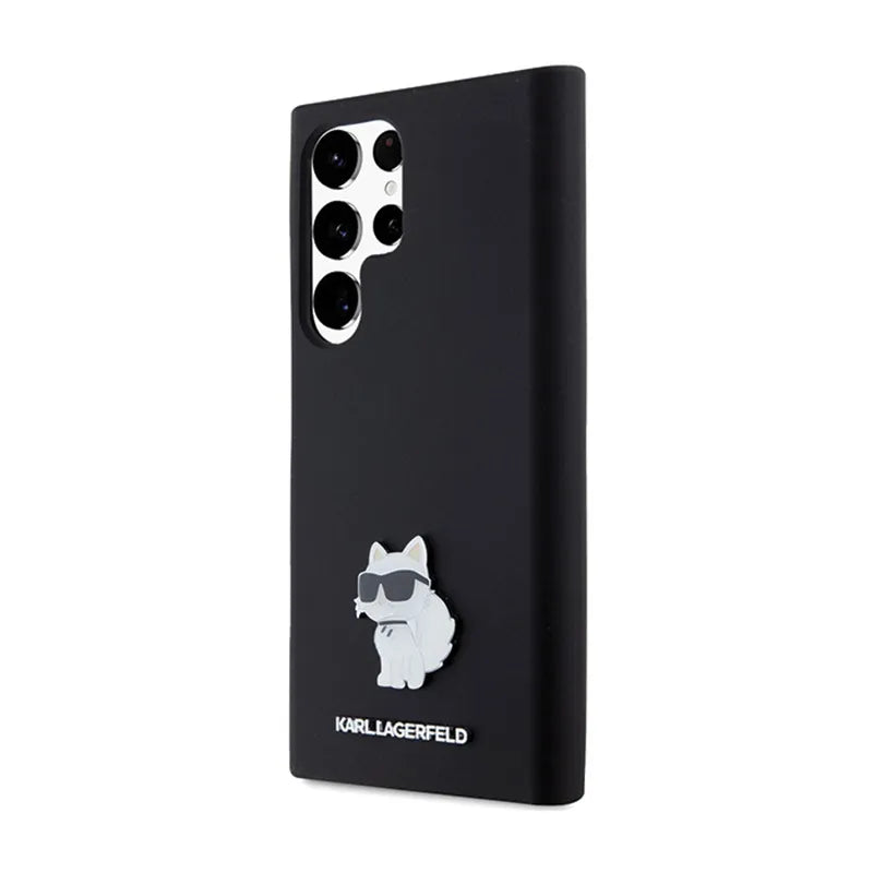 Karl Lagerfeld Silicone Choupette Metal Pin – dėklas Samsung Galaxy S24 Ultra (juodas)