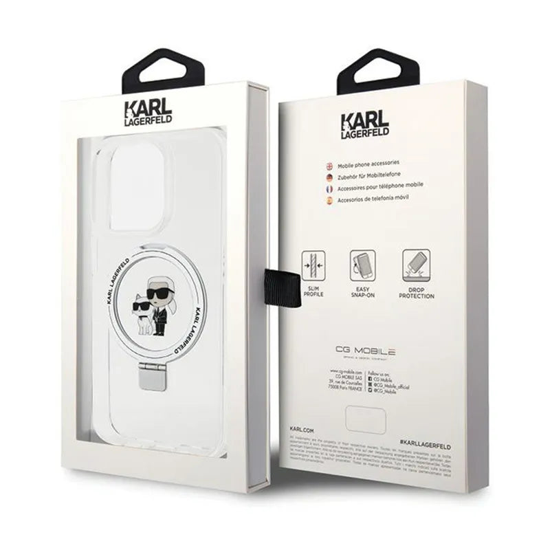 Karl Lagerfeld Ring Stand Karl & Choupette MagSafe dėklas iPhone 14 Pro (baltas)