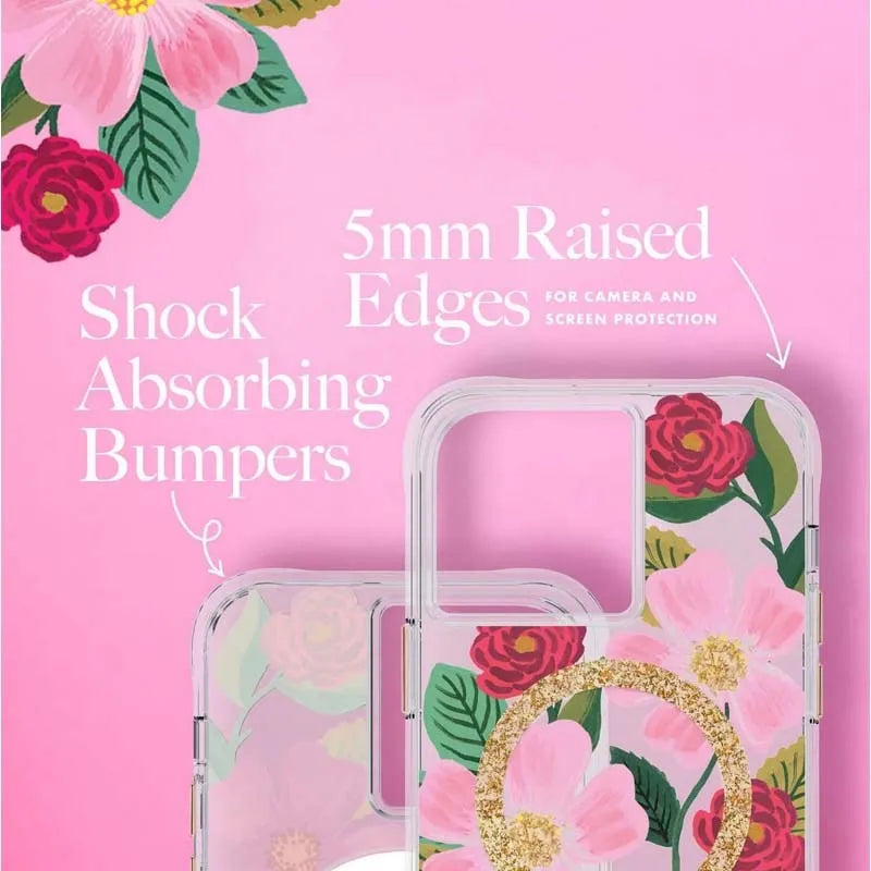 Rifle Paper Clear MagSafe – auksu dekoruotas dėklas, skirtas iPhone 14 Plus (Rose Garden)