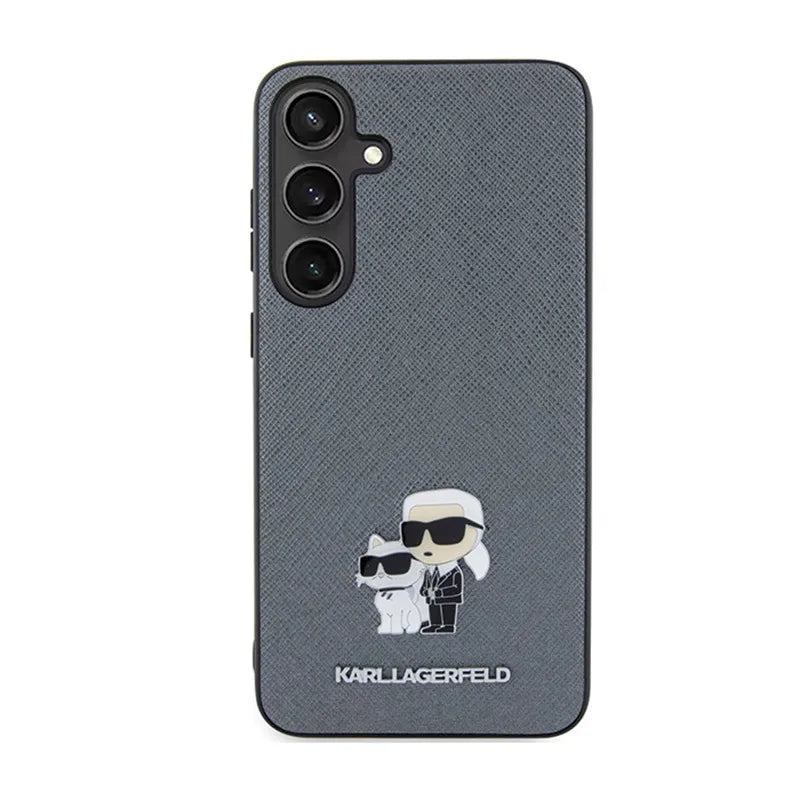 Karl Lagerfeld Saffiano Karl & Choupette Metal Pin - Samsung Galaxy S24+ dėklas (pilkas)