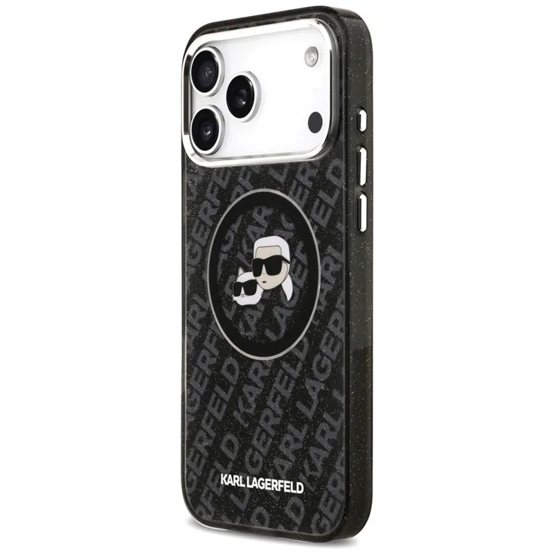 Karl Lagerfeld IML Glitter Karl & Choupette Heads Logo MagSafe – dėklas iPhone 17 Pro Max (juodas)