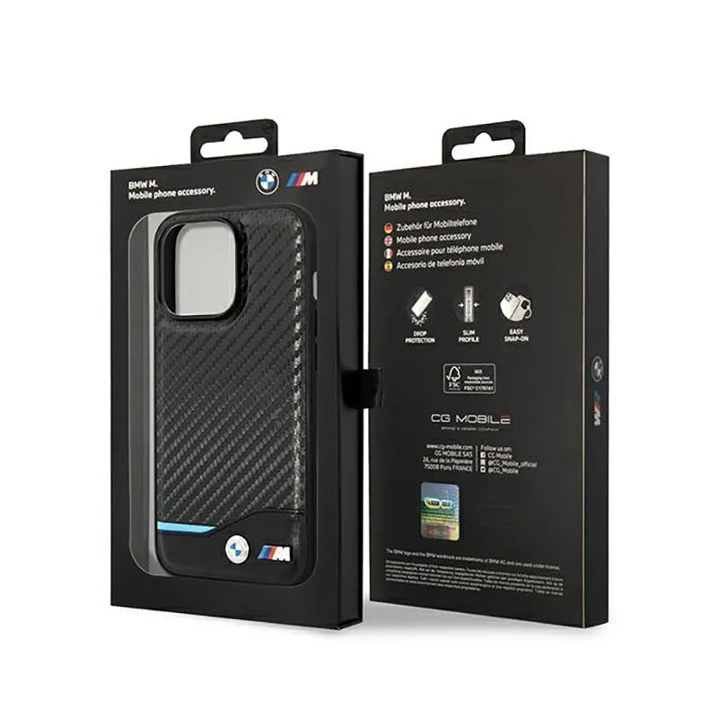 BMW Leather Carbon Blue Line - Dėklas iPhone 14 Pro (Juodas)