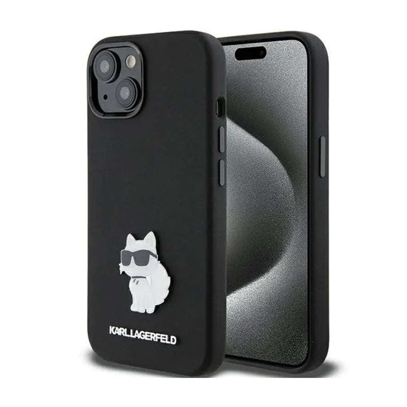Karl Lagerfeld Silicone Choupette Metal Pin dėklas, skirtas iPhone 15 Plus (juodas)