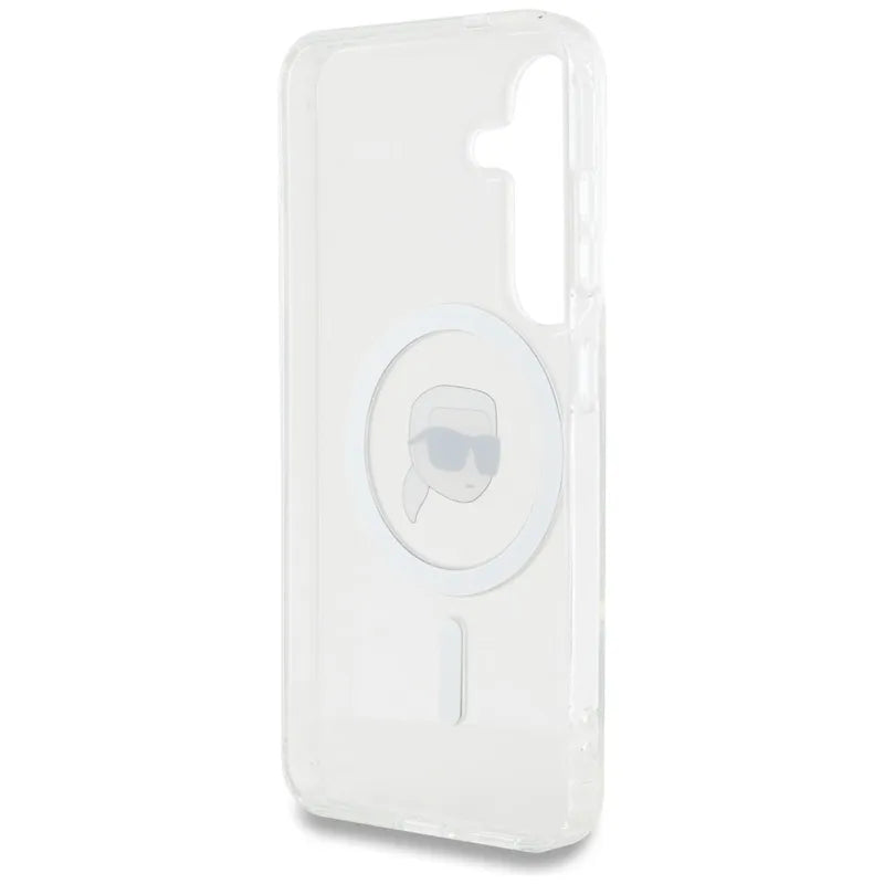 Karl Lagerfeld Button Karl Head Printed Logo MagSafe – dėklas Samsung Galaxy S25 (baltas)