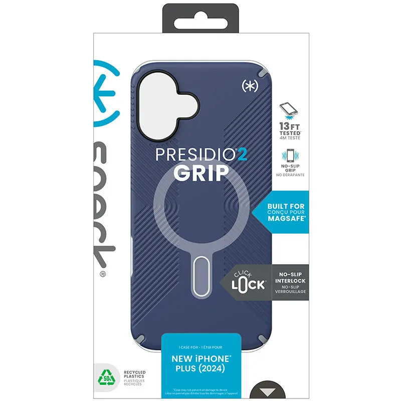 Speck Presidio2 Grip ClickLock & MagSafe – iPhone 16 Plus dėklas (pakrantės mėlyna / dulkėta pilka / balta)