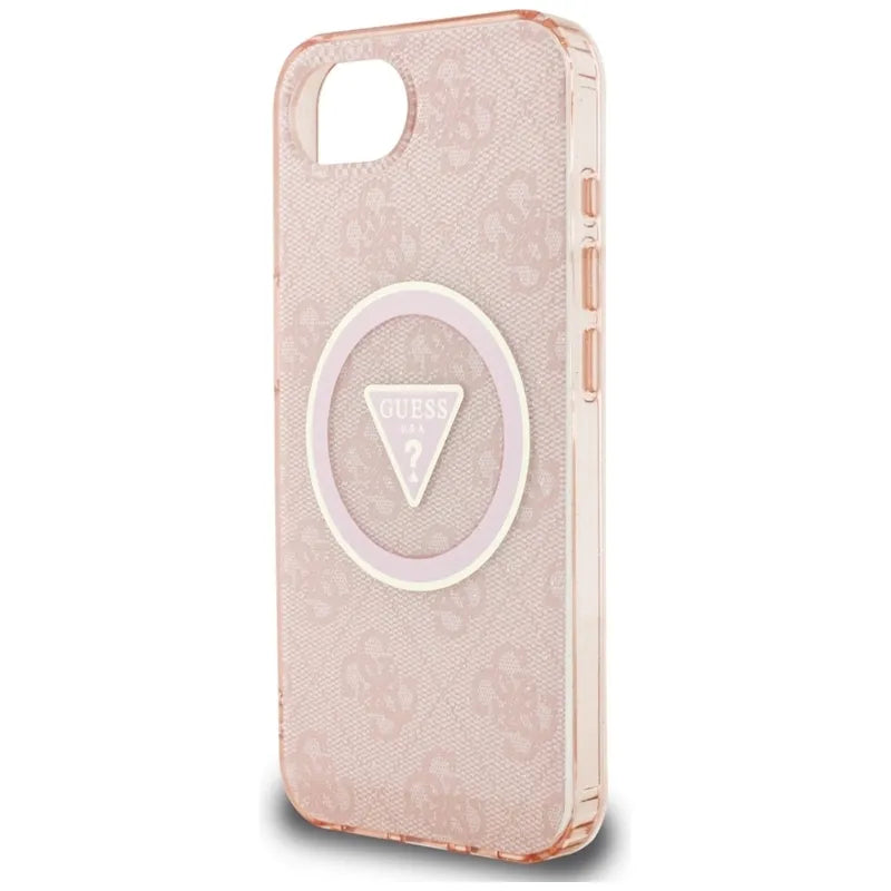 Guess IML Metal Glitter 4G Circle Triangle MagSafe – dėklas iPhone 16e (rožinis)