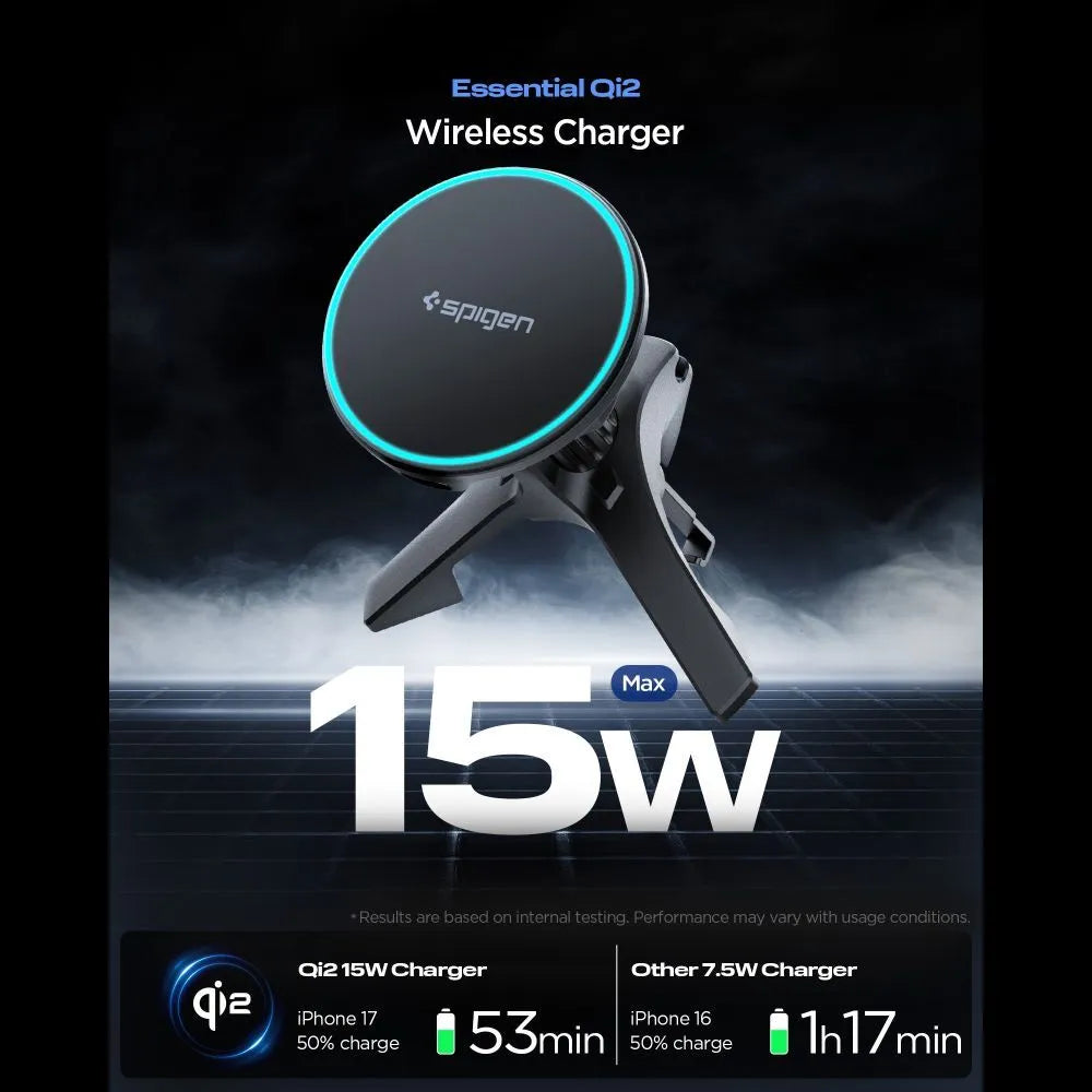 Spigen EV15MAQ Essential – MagSafe 15W Qi2 automobilinis laikiklis į ventiliacijos groteles (juodas)