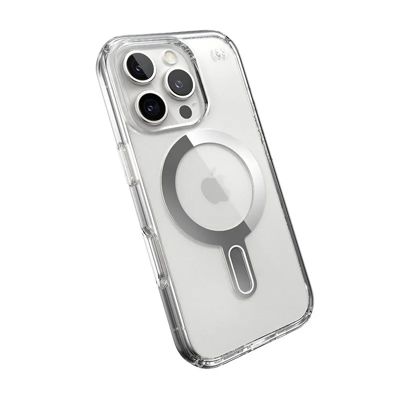Speck Presidio Perfect-Clear ClickLock & MagSafe dėklas - iPhone 16 Pro (skaidrus / chromo apdaila / Serene Silver)