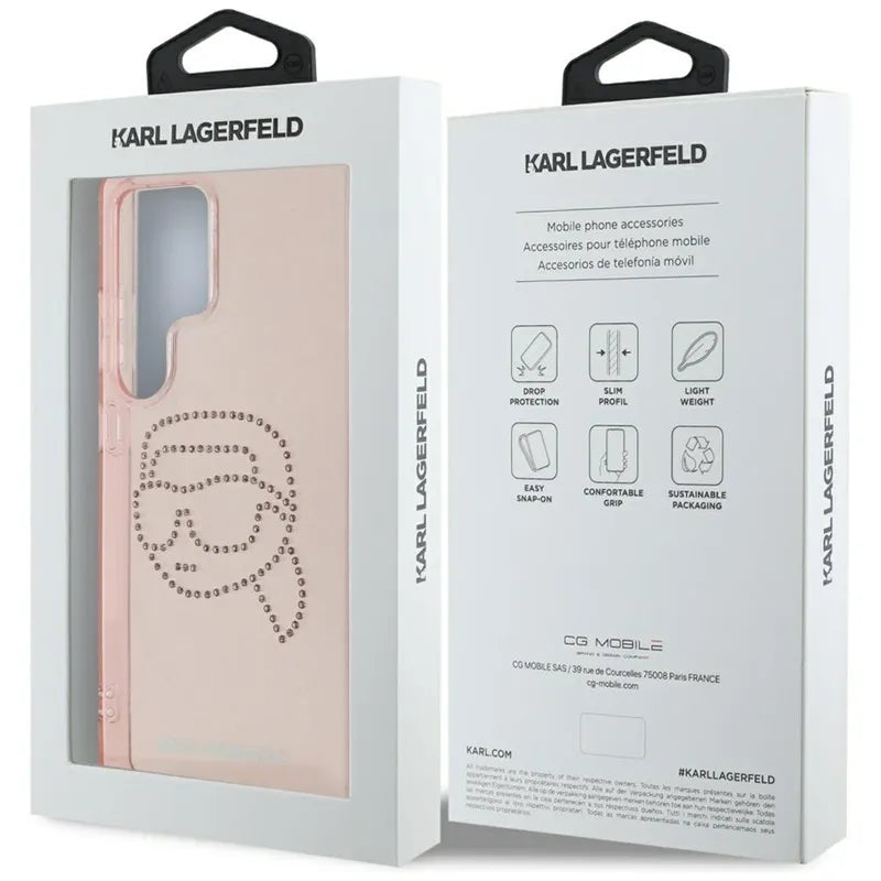 Karl Lagerfeld Rhinestones Karl Head Logo – dėklas, skirtas Samsung Galaxy S25 Ultra (rožinis)