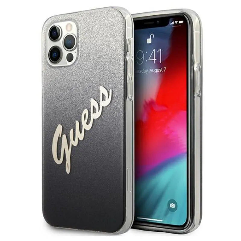 Guess Glitter Gradient Script – Dėklas, skirtas iPhone 12 Pro Max (juodas)