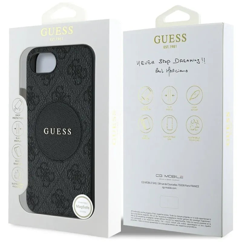 Guess 4G Circle Classic Logo MagSafe – dėklas iPhone 16e (juodas)