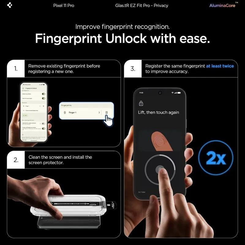 Spigen Glas.tR EZ Fit Pro AC Privacy 2-Pack – grūdintas privatumo stiklas, skirtas Google Pixel 9 / 9 Pro / 10 Pro / 11 Pro (2 vnt.)