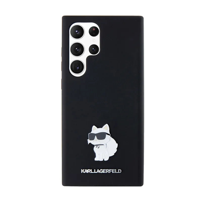 Karl Lagerfeld Silicone Choupette Metal Pin – dėklas Samsung Galaxy S24 Ultra (juodas)