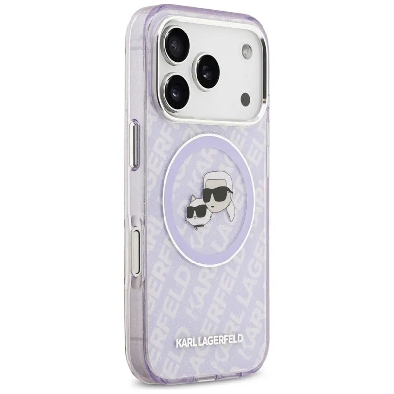 Karl Lagerfeld IML Glitter Karl & Choupette Heads Logo MagSafe - Dėklas iPhone 17 Pro (violetinis)