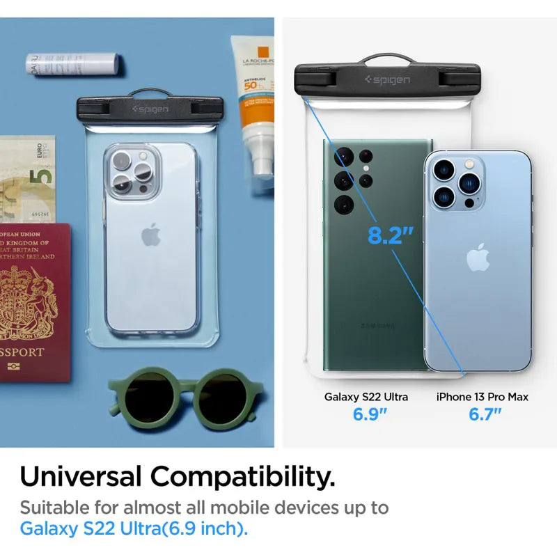Spigen A601 universalus vandeniui atsparus dėklas - dėklas išmaniesiems telefonams iki 6,9 colio (skaidrus)