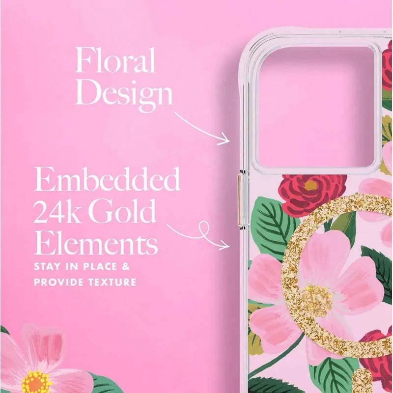 Rifle Paper Clear MagSafe – auksu dekoruotas dėklas, skirtas iPhone 14 Plus (Rose Garden)