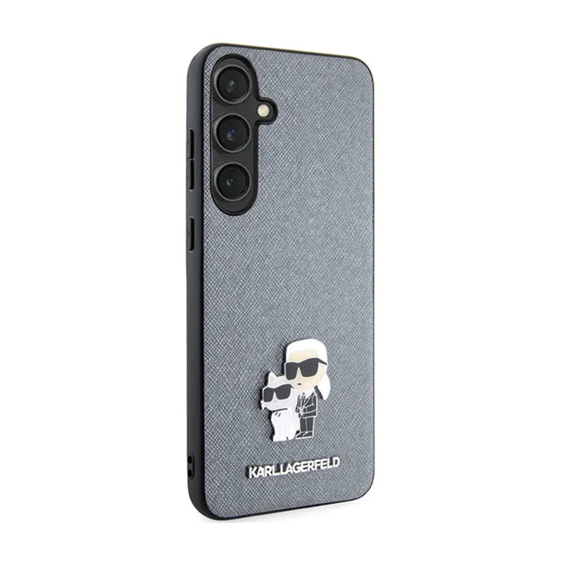 Karl Lagerfeld Saffiano Karl & Choupette Metal Pin - Samsung Galaxy S24+ dėklas (pilkas)
