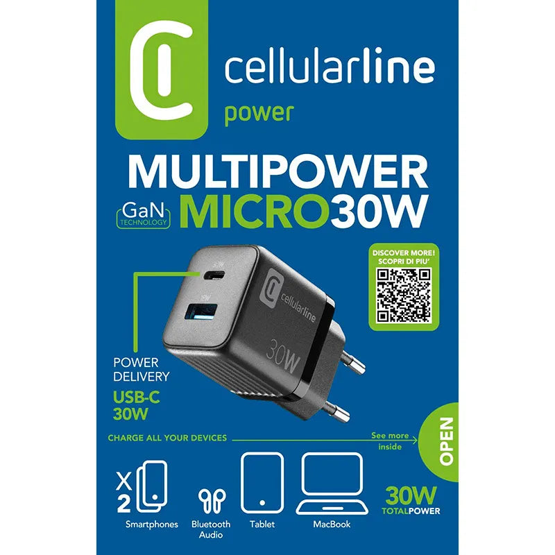 Cellularline Multipower Micro GaN – USB-C ir USB-A „Power Delivery“ 30W tinklo įkroviklis (juodas)