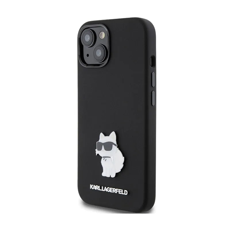 Karl Lagerfeld Silicone Choupette Metal Pin dėklas, skirtas iPhone 15 Plus (juodas)