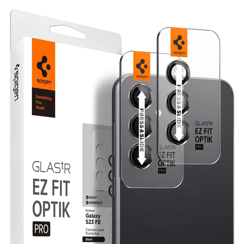 Spigen Optik Pro GLAS.TR EZ Fit kameros apsauga 2 vnt. pakuotė - Objektyvo apsauginis stiklas Samsung Galaxy S23 FE (2 vnt.) (Juodas)