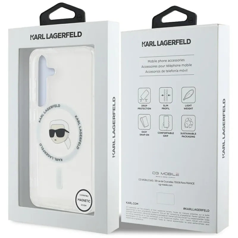 Karl Lagerfeld Button Karl Head Printed Logo MagSafe – dėklas Samsung Galaxy S25 (baltas)