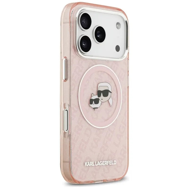Karl Lagerfeld IML Glitter Karl & Choupette Heads Logo MagSafe - dėklas iPhone 17 Pro Max (rožinis)