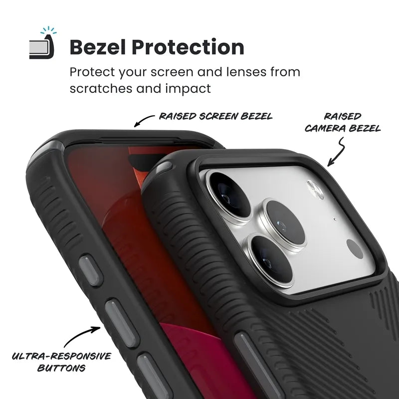 Speck Presidio2 Grip ClickLock & MagSafe dėklas, skirtas iPhone 17 Pro Max (juodas / pilkas / baltas)