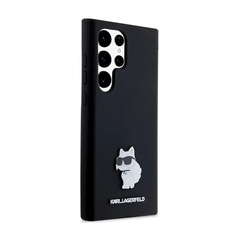 Karl Lagerfeld Silicone Choupette Metal Pin – dėklas Samsung Galaxy S24 Ultra (juodas)