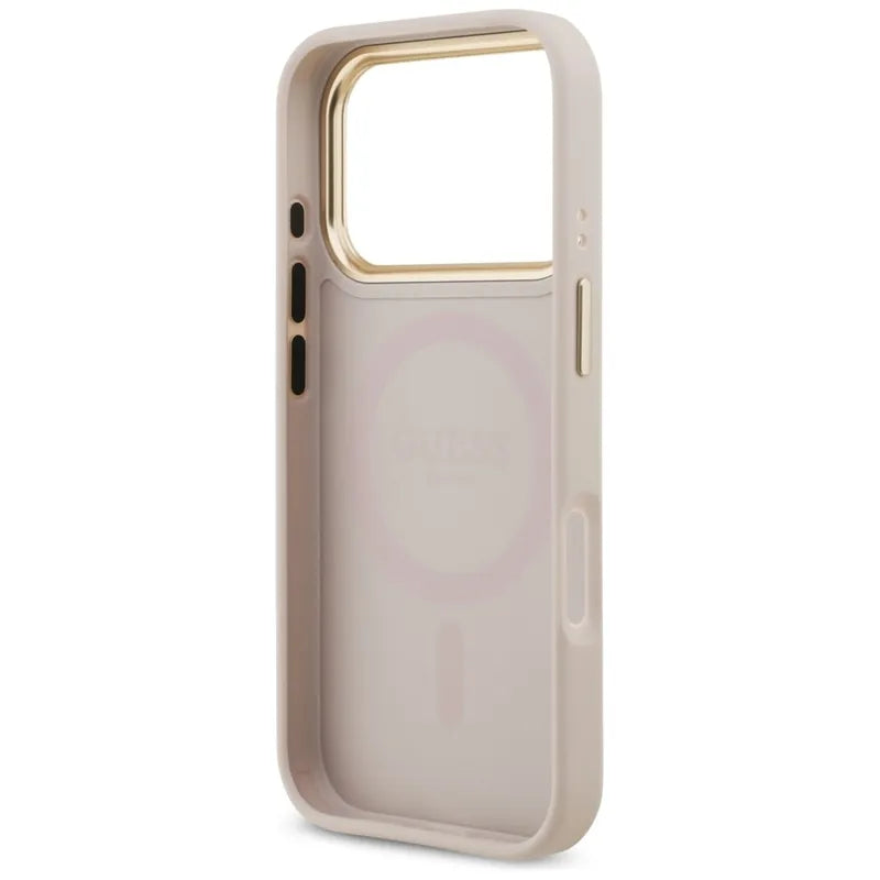 Guess Grained Strass Logo MagSafe – dėklas iPhone 17 Pro (rožinis)