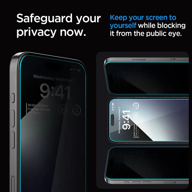 Spigen GLAS.TR EZ FIT Privacy – grūdintas stiklas su privatumo filtru, skirtas iPhone 15 Plus / 16 Plus
