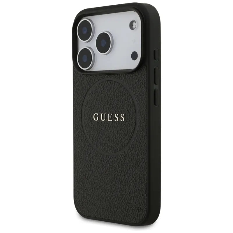 Guess Grained Ring MagSafe – Dėklas iPhone 17 Pro (juodas)